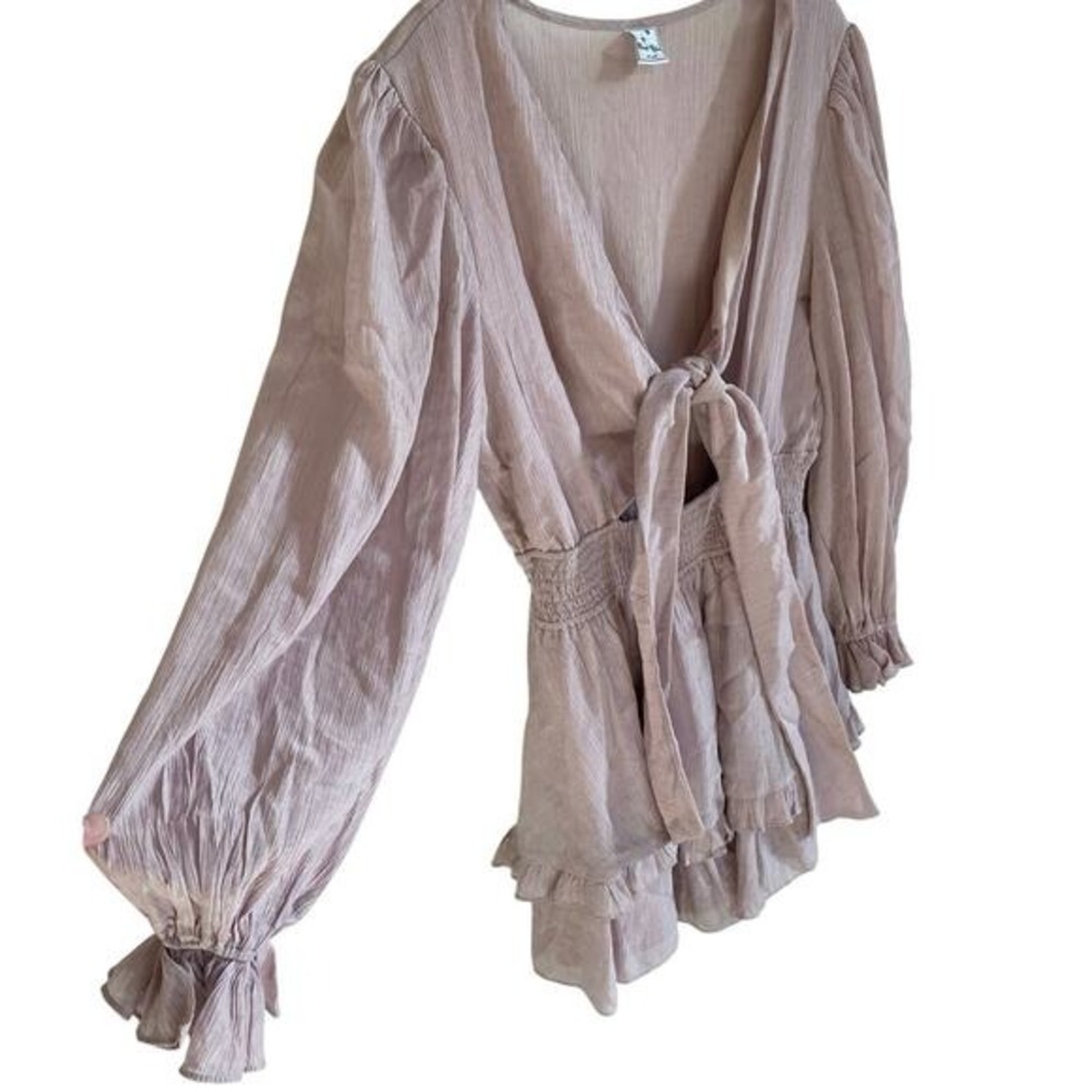 Angel Biba Mauve Ruffle Mini Romper Dress Long Balloon Sleeve Front Tie Small - Picture 9 of 14